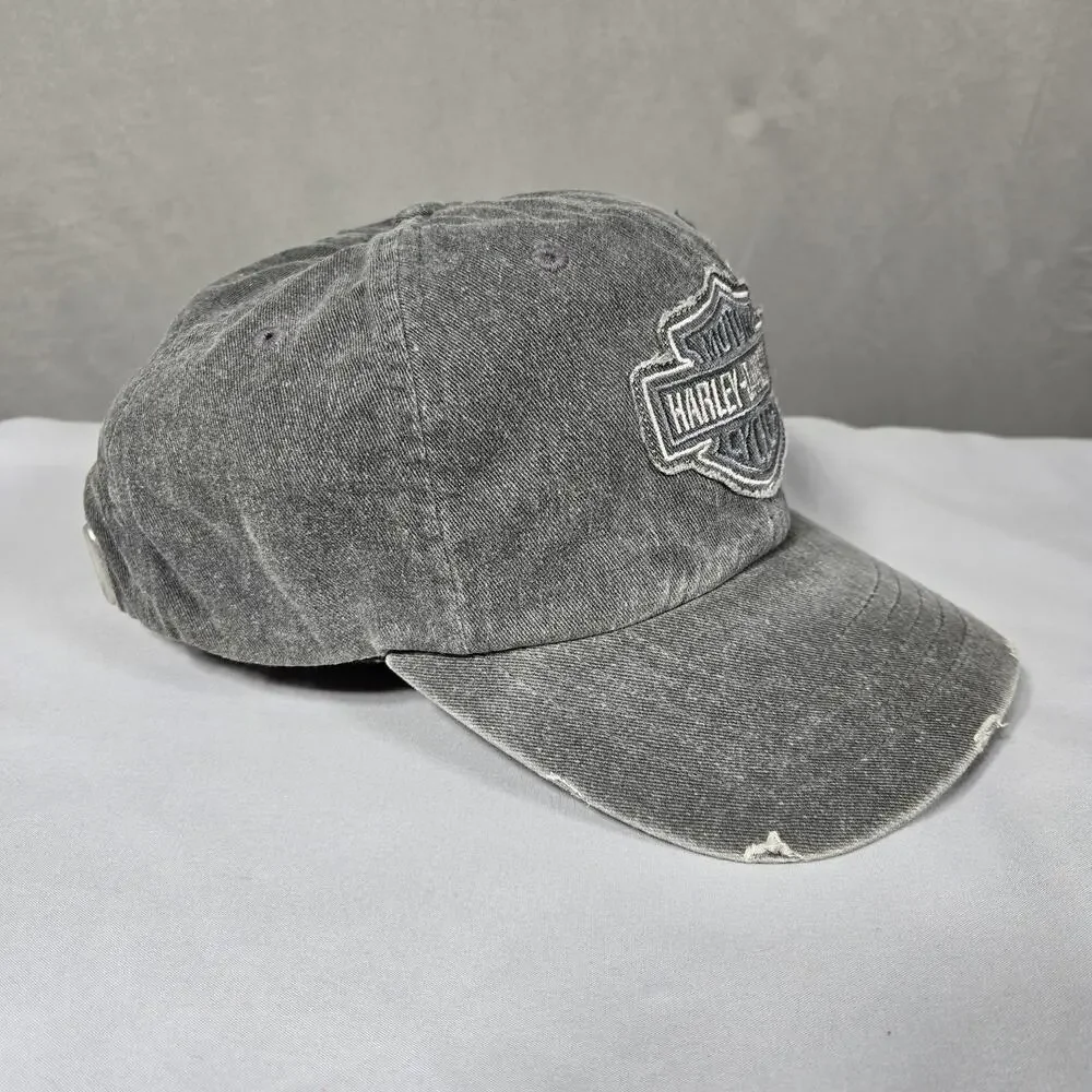 Harley Davidson Hat Gray Strapback Cap Motorcycle Embroidered Distressed Biker - Picture 2 of 8